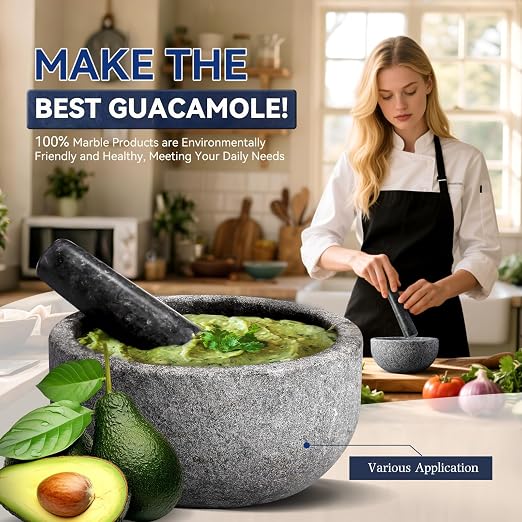 Granite Mortar and Pestle Set, 7"-4 Cups Unpolished Stone Grinder Bowl for Guacamole, Salsa, Pill Crusher, Spice, Herb, Garlic, Nut, Heavy Duty Grinder for Kitchen(Angola Silver Black)
