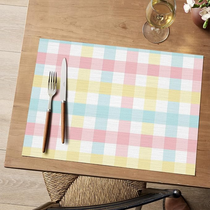 Artoid Mode Buffalo Plaid Vinyl Easter Placemats Set of 4, 12x18 Inch Washable Non-Slip Heat Resistant Plastic Place Mats for Party Dining Table, Pink/Blue