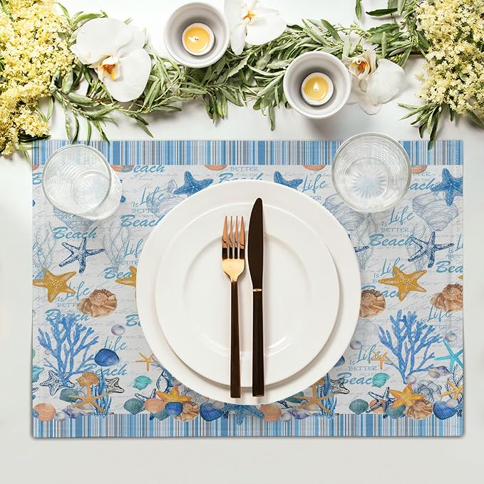 Ocean Starfish Placemats Set of 4 Beach Theme Seashell Coastal Washable Non-Slip Heat Resistant Linen Fabric Summer Thick Place Mats Decorative Table Mat 12×18 Inch for Dining Table Decor