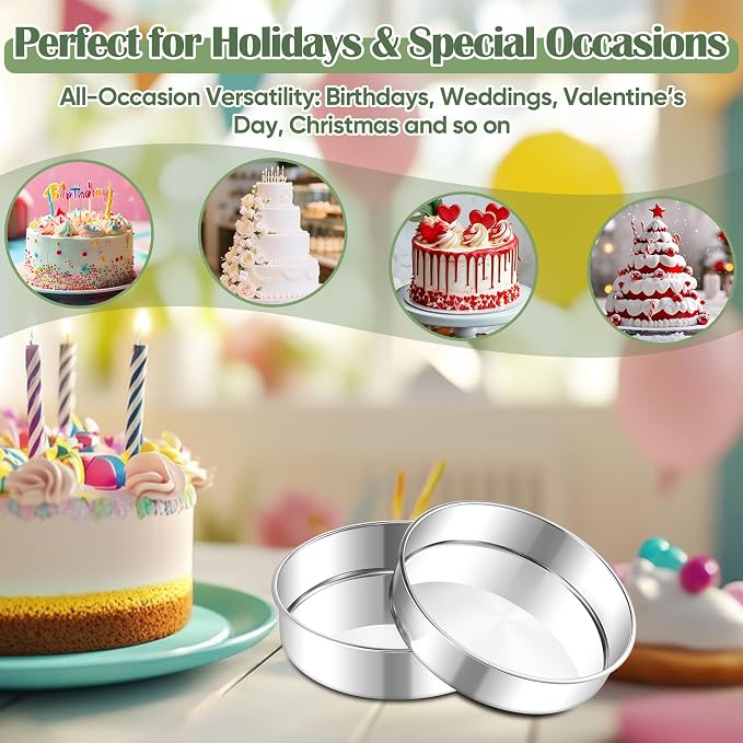 E-far 7 Inch Cake Pan Set of 2, Stainless Steel Round Baking Pans Tins Mold | Non-Toxic & Leak-Proof for Birthday Wedding Layer Tiered Cake, Easy Clean & Dishwasher Safe