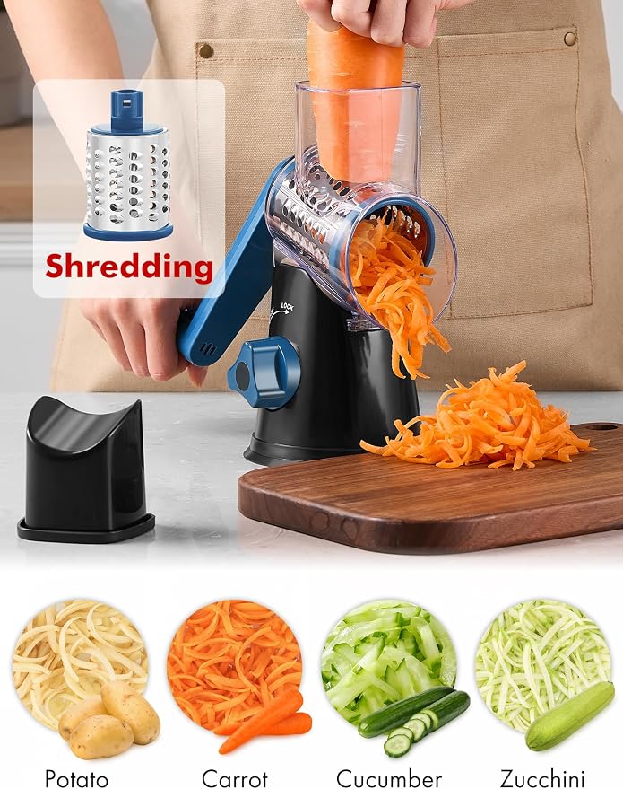 GDL Cheese Grater Hand Crank, Rotary Cheese shredder, Vegetable Slicer | 3 Stainless Steel Blades, 12x Fast Cutting, Non-slip Suction Base, No BPA, Dishwasher Safe, Easy Use for Cheese, Veggies, Nut