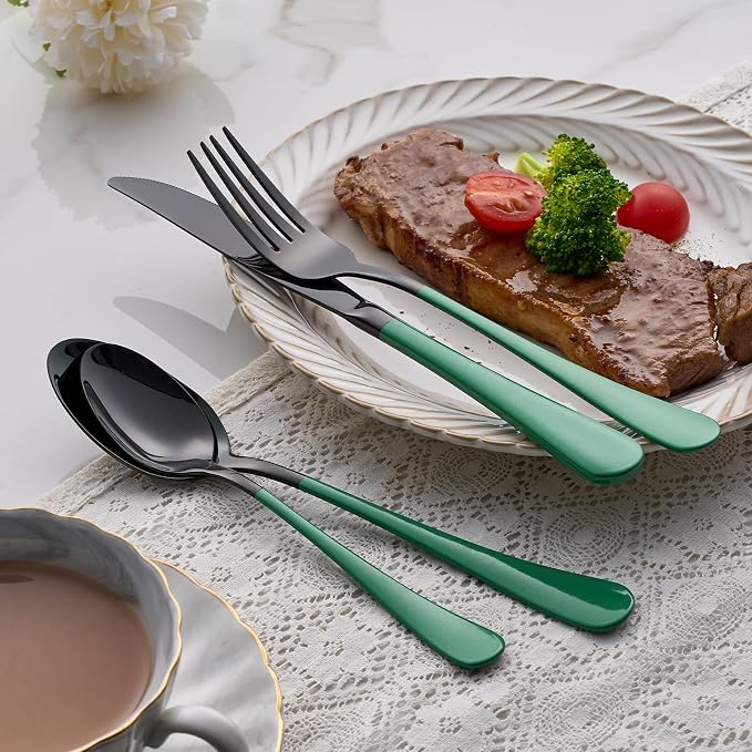 20-Piece Green Silverware Set 18/0 Stainless Steel Silverware Set Green Handle Cutlery Black Set Service for 4 Dinner Knives Forks Spoons Set Flatware SetFinish Dishwasher Safe