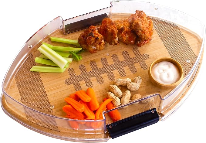 Totally Bamboo Flip, Serve & Store Football Charcuterie Board with Lid | Football-shaped serving board with locking travel cover for tailgates and game day parties. Prep side includes juice groove.