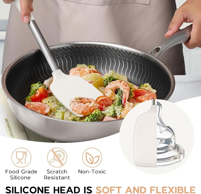 Onader 10 Pieces Silicone Kitchen Utensils Set, Cooking Utensils with Holder and Heat Resistant Stainless Steel Handle for Nonstick Cookware -White