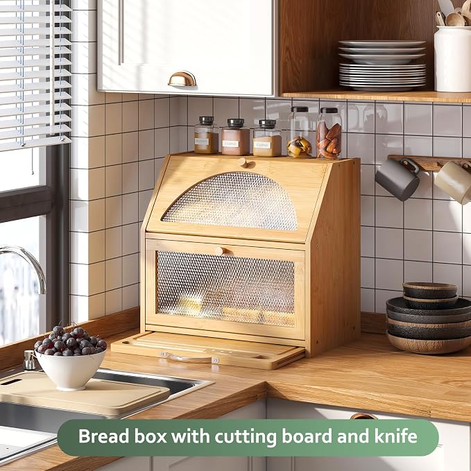 STDDRE Double Layer Bamboo Corner Bread Box with Cutting Board(Natural) | Extra-large capacity. Double Layer Bread Storage Bin with Door Panel for Kitchen Counter.for kitchen counter