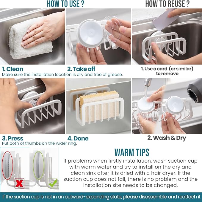 TAILI Rustproof Sponge Holder for Kitchen Sink with Suction Cup-White | Rustproof Aluminum Sink Caddy for Sponges, Brushes, Stoppers & Scrapers,Removable Ventilated Quick-dry Design, Holds Up 11lbs