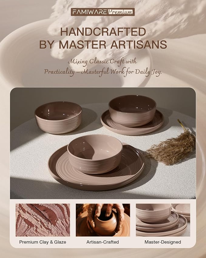 Stoneware Dinnerware Sets with Pasta Bowls, Service for 6 | 24-Piece Ceramic Plates and Bowls, Speckled Spiral Dishes, Chip & Scratch Resistant, Microwave & Dishwasher Safe, White Honey