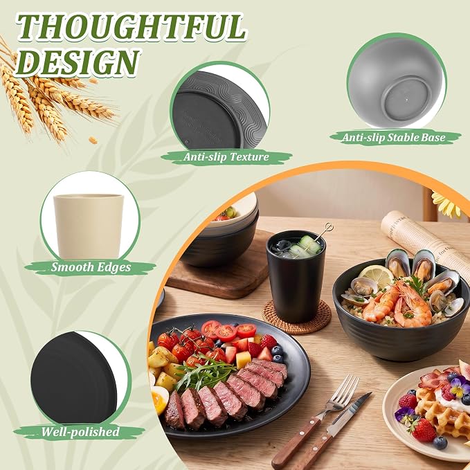 PYRMONT 40-Piece Premium Wheat Straw Dinnerware Sets Unbreakable Plates and Bowls Sets for 8-Cereal Bowls,Kitchen Cups,Dining Plate Set for Patio,Outdoors,Beach-Grey Stone