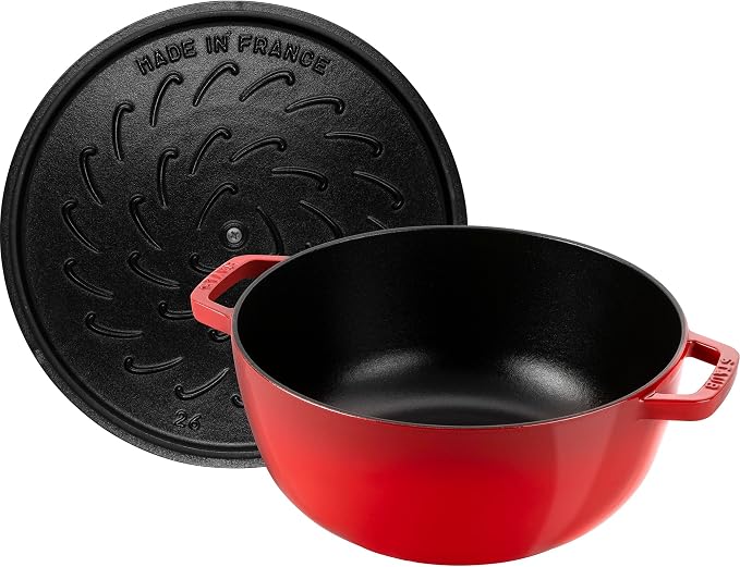 Staub Cast Iron Essential French Oven, Dutch Oven, 5-quart, serves 5-6, Made in France, with Horse Lid - Cherry