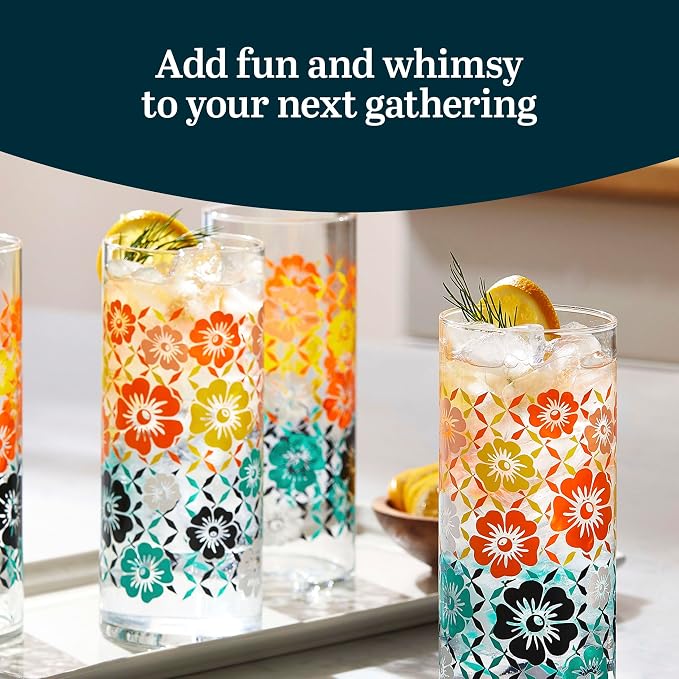 Libbey Vintage Flower Drinking Glasses Set of 4, Colorful, Retro Floral Design Glass Cups Set, Dishwasher Safe Water Glasses Set for Beverages