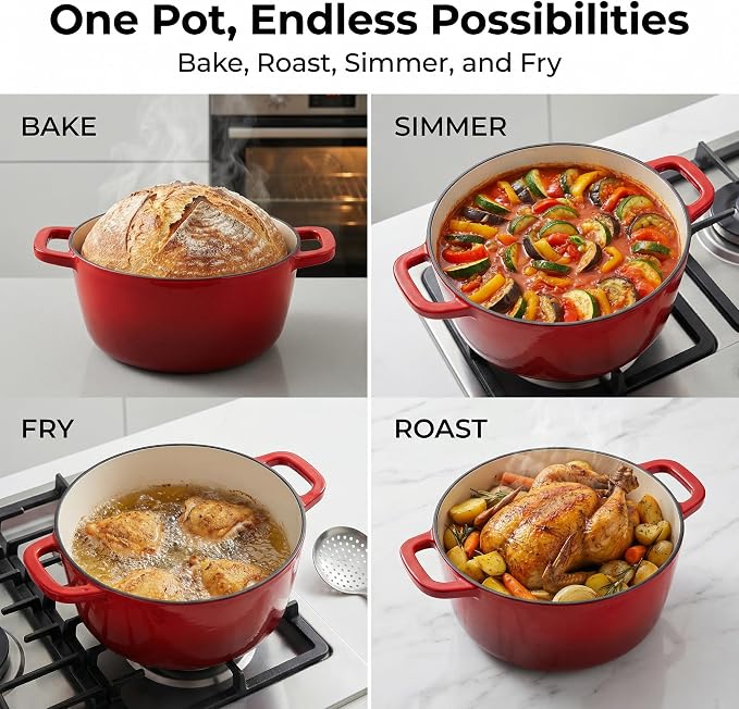 7QT Enameled Cast Iron Dutch Oven,Concave Self-Basting Lid,Red | Versatile,heavy-duty Large Dutch oven,PFAS-free,oven safe to 500°F,sourdough,braising/stews/roasting,Housewarming Gift