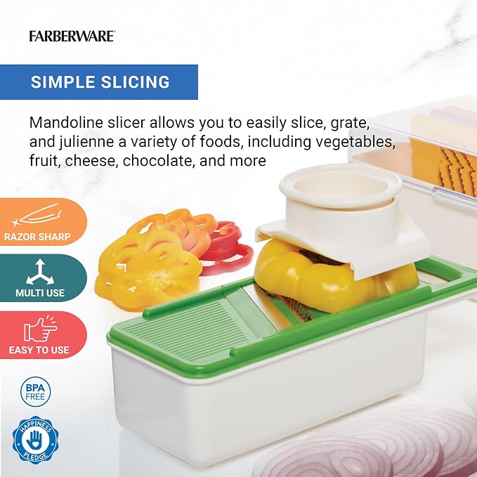 Farberware Pro Mandoline Slicer for Kitchen with Storage Case, 4 Color-Coded Blades, Fine and Coarse Julienne, Grater, Safety Food Holder, Dishwasher Safe