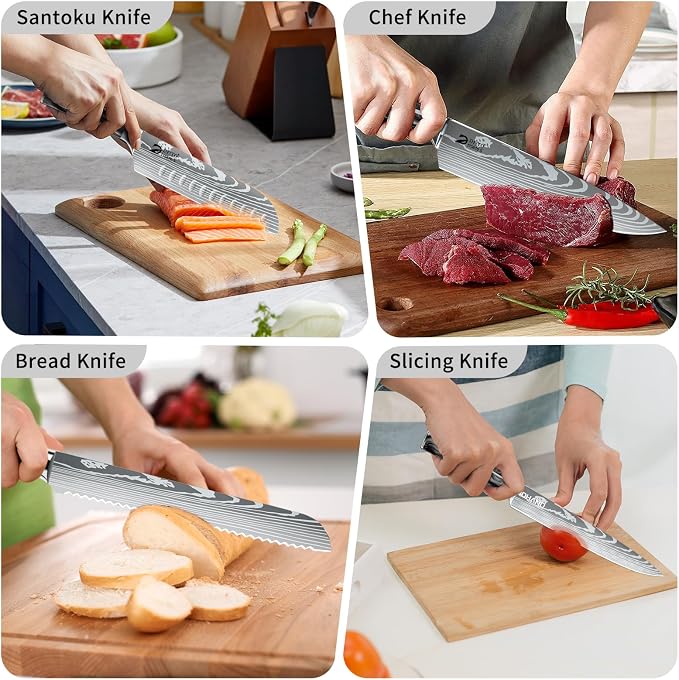 Chef Knife Sets with Roll Bag, 9 Pieces Professional Knife Set | High Carbon Stainless Steel Kitchen Knife Set with Sharpener, Black Resin Handle, Kitchen & Home Cooking, Dishwasher Safe