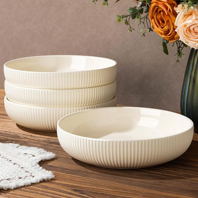 8.5" Ceramic Pasta Bowls Set of 4, Salad Bowls | Versatile Serving Bowls for Pasta, Salad, Fruit & Noodles, Housewarming & Wedding Gift, Beige