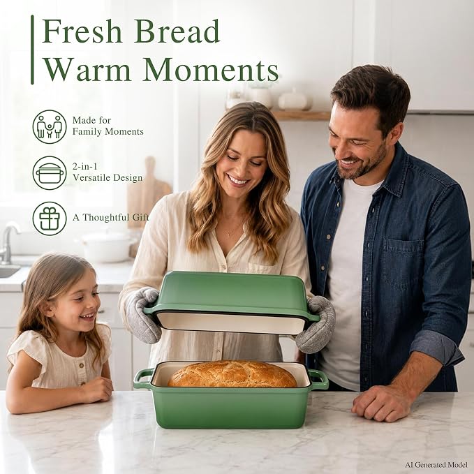 11x5 Inch Cast Iron Bread Pan with Lid, Sourdough Bread Baking | Large Loaf Pans for Baking Bread, Even Heat Distribution Dutch Oven Loaf Pan for Homemade Bread, Meatloaf (5.8Qt, Pistachio)