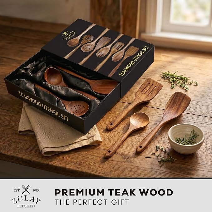 Zulay Kitchen 9-Piece Teak Wooden Utensils for Cooking - Natural Teak Utensil Set with Premium Gift Box - Non-Stick Wooden Spoons for Cooking - Kitchen Gift Set - Comfortable Grip Wooden Utensil Set