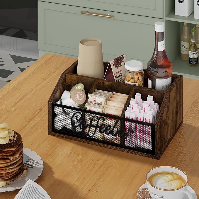 YINMIT Coffee Station Organizer for Countertop, Wood Coffee Bar Organizer with Removable Dividers for Pods, Syrup, Cups, Stirrer, Tea - Office Coffee Bar Accessories, Iron Mesh-Vintage Brown