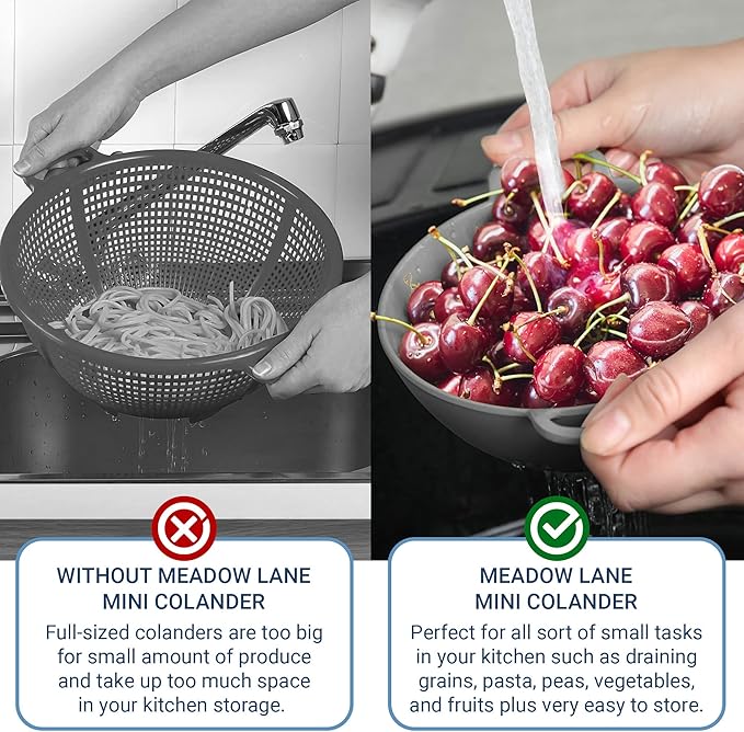 Meadow Lane 6-Inch Small Colander, 3-Cup Food Strainer, Silver Gray | BPA-free, dishwasher-safe mini colander has a wide, shallow bowl, 1/8-inch holes, two handles, ring foot and smooth edges.