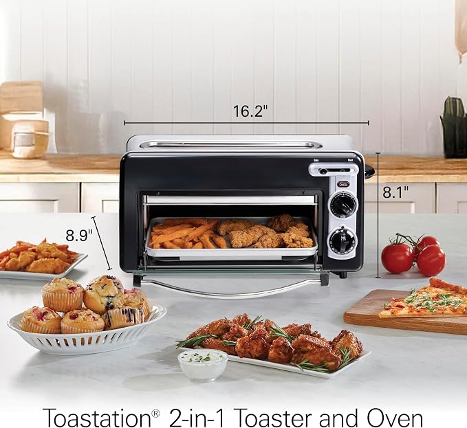 Hamilton Beach 2-in-1 Countertop Toaster Oven & Long Slot 2 Slice Toaster | Versatile Toasting & Baking | Auto Shut Off | Shade Selector & Temperature Control |Compact Retro Design | Black | 22725