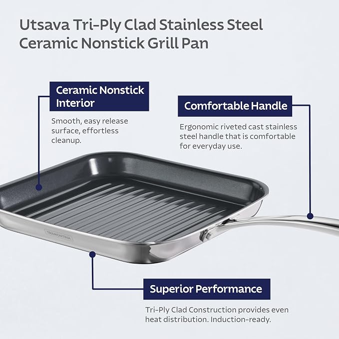 Tramontina Utsava Tri-Ply Clad Stainless Steel 10-Inch Square Grill Pan | Ceramic Non Stick Interior, Induction-Ready