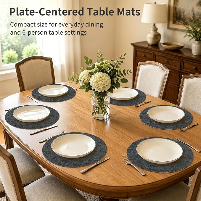 Maxpearl Faux Leather Round Placemats Set of 6, 13.8 inch, Dark Grey | Waterproof, Heat Resistant, Non Slip, Wipe Clean Dining Table Place Mats, Suitable for Indoor & Outdoor Use, Table Settings