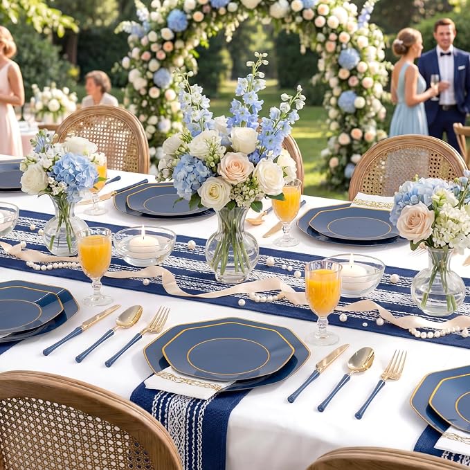 KIRE 140Pcs Blue Plastic Plates with Gold Rim - Navy Blue Plates for Party | Include 40pcs Blue and Gold Plates, Gold Plastic Silverware with Blue Handle&Clear Cups&Hand Napkin for Wedding