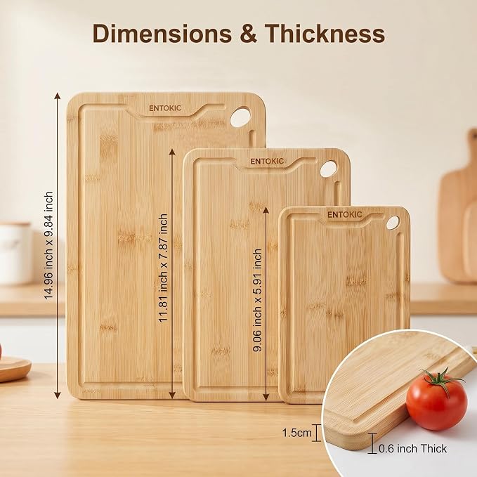 Bamboo Wooden Cutting Board Kitchen Chopping Boards With 3 hooks | Durable carbonized bamboo construction deep juice groove for food prep meat cutting vegetable chopping and daily serving