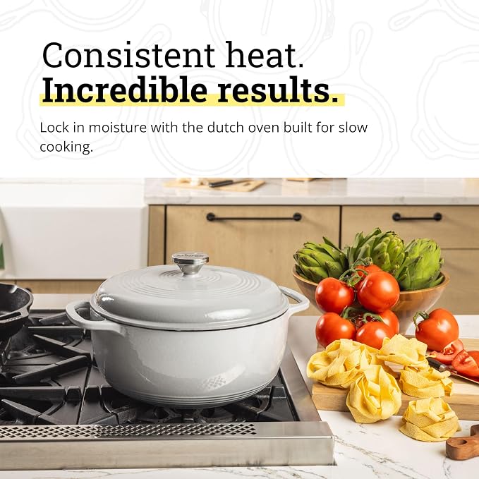 Lodge Essential Enamel Cast Iron Dutch Oven 6 Quarts - Perfect for Bread Baking, Braising, Marinating & Slow Cooking, Features Moisture-Sealing Lid & Dual Handles, Kitchen Essentials, Oyster White