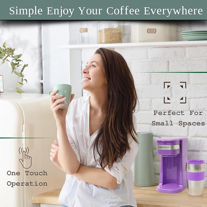 Mixpresso Single Serve & Single Cup Coffee Maker with 14oz Travel Mug | For ground coffee only, reusable filter, auto shut off. Compact personal drip coffee maker, not compatible with K-Cup pods.