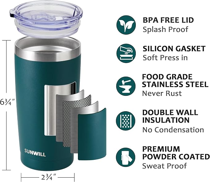 SUNWILL Travel Coffee Mug with Lid, 20 oz Tumbler Set of 2, Insulated Stainless Steel Cup for Drinks， Water, Tea, Powder Coated Forest Green & Plum