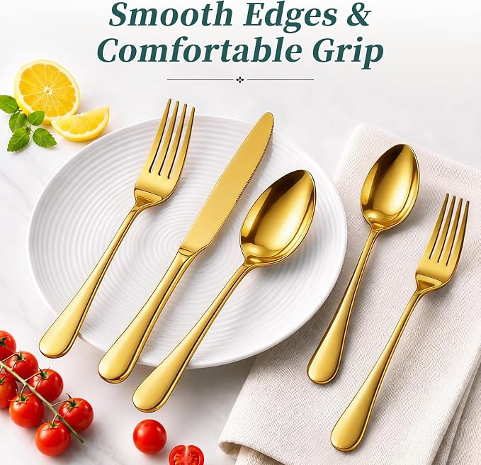 45-Piece Silverware Set with Organizer, Stainless Steel Flatware Set for 8 | Gold Cutlery Utensil Sets, Includes Forks, Knives, Spoons & Serving Utensils, for Dining, Entertaining & Housewarming