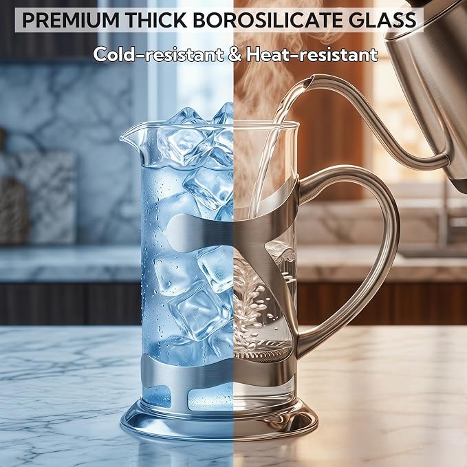Stainless Steel French Press Coffee Maker 1L, 34oz Heat Resistant Borosilicate Glass Coffee Press with Coffee Measuring Spoon, Manual Brewer for Coffee and Tea