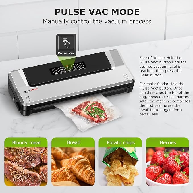 Bonsenkitchen Vacuum Sealer Machine, Multiple Modes For Meal Prep,Silver | Compact Vacuum Sealer for Kitchen Storage & Sous-Vide,External Vacuum System,6x Longer Freshness,5 Vacuum Bags