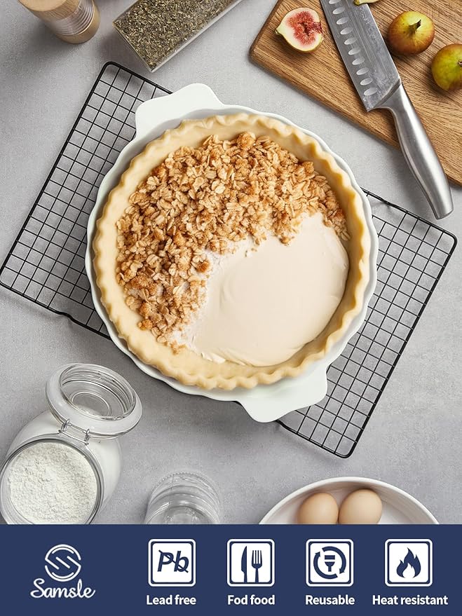 Samsle Ceramic Pie Pan For Baking,13Inch Round Baking Dish With Double Handle,Pie Plate With Ruffled Edge-Microwave, Dishwasher, and Oven Safe