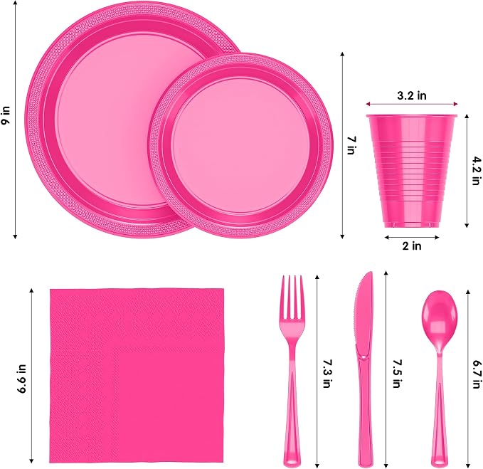 350 Pcs Cerise Plastic Plates For Party, Cerise Disposable Plates Set, 50 Of Each 9" Dinner Plate Set, 7" Dessert Plate, Cups, Napkins & Cutlery Plastic Dinnerware Set Exquisite