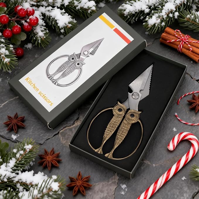 XSNBRD Kitchen Scissors Heavy Duty, Golden Stainless Steel Owl Shears Large | Golden finish,3.5mm stainless steel,multi-purpose shears for meat, herbs & vegetables,ergonomic design,great Kitchen gift.