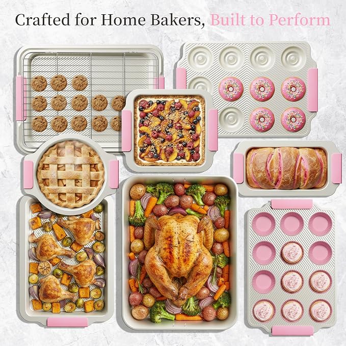 Kikcoin 25-Piece Nonstick Baking Pans Set with Large Turkey Roasting Pan, Stackable Bakeware Set, 450°F Oven Safe Baking Sheet Set with Silicone Handles, Carbon Steel Cookie Sheets for Baking, Pink