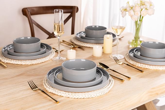 AmorArc Stoneware Dinnerware Sets for 6,18 Pcs Plates and Bowls Set | Handmade Ceramic Dish Set,Dishwasher & Microwave Safe,Scratch Resistant-Gray