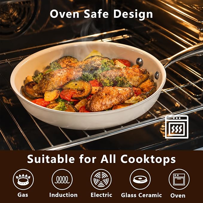 SAKAMOSH 11" Nonstick Ceramic Frying Pan, Non Toxic Pan, White | PTFE & PFAS & PFOA Free Ceramic Coating, Dishwasher/Oven Safe, Induction Compatible, suitable for all stovetops, Lightweight