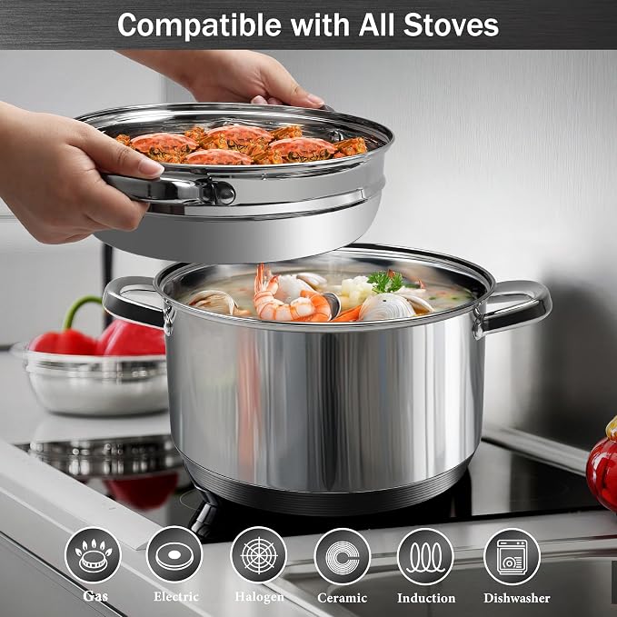 AuFranc® 6 Quart 18/10 Stainless Steel Tri-ply Stockpot and Steamer with Tempered Glass Lid, Multipurpose Steamer Pot Compatible with All Cooktops, Non-Toxic Soup Pot, Oven & Dishwasher Safe (Silver)