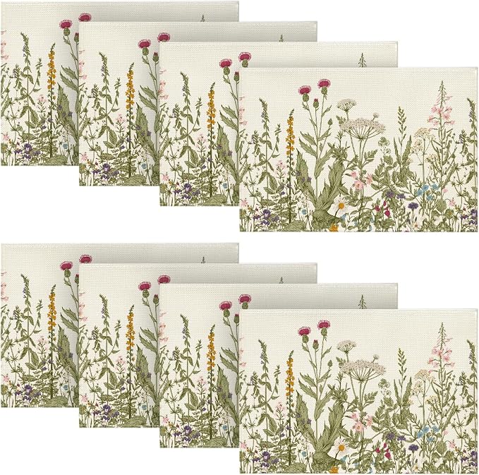 Artoid Mode Antique Herbs and Wild Flowers Summer Placemats Set of 8, 12x18 Inch Seasonal Wildflower Spring Table Mats for Party Kitchen Dining Decoration