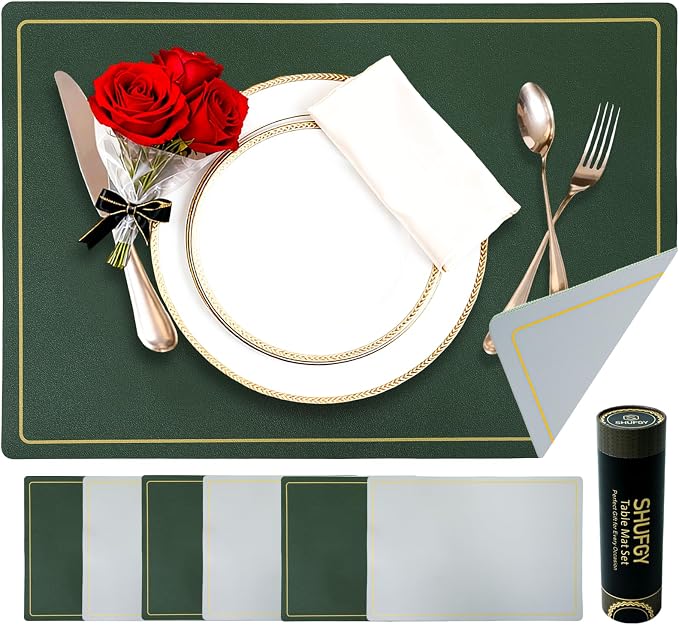 Faux Leather Placemats Set of 6, 11.8"x17.7", Green & Gray | Reversible Table Mats, Waterproof, Stain & Heat Resistant, Easy Clean for Dining, Gatherings, Outdoor