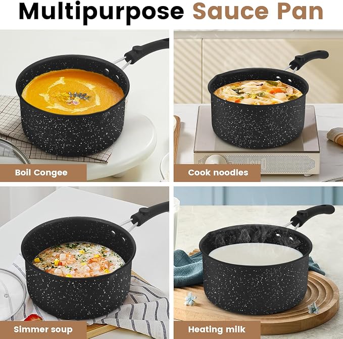 Nonstick Saucepan with Lid, 1QT & 1.5QT & 2QT Small Milk Pots Set with Healthy Teflon Coating, Multipurpose Induction Compatible Cooking Pans Kitchen Cookware Set