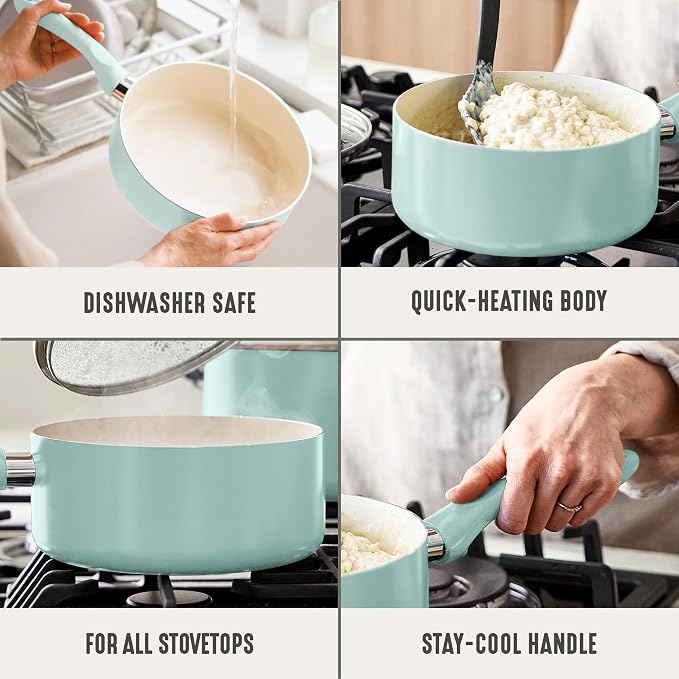 GreenLife 2QT Ceramic Nonstick Saucepan with Lid, Mint Green | PFAS-Free Ceramic Nonstick Coating, Soup Pot, Induction Ready, All Stovetop Compatible, Stay-Cool Handles, Dishwasher Safe