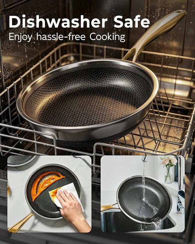 FogDream 10 Inch Stainless Steel Frying Pan with Lid, Honeycomb Hybrid Nonstick Skillet for Induction & All Cooktops, PFAS/PFOA/PTFE Free, Oven Safe to 500°F, Stay-Cool Handle, Dishwasher Safe, Gold