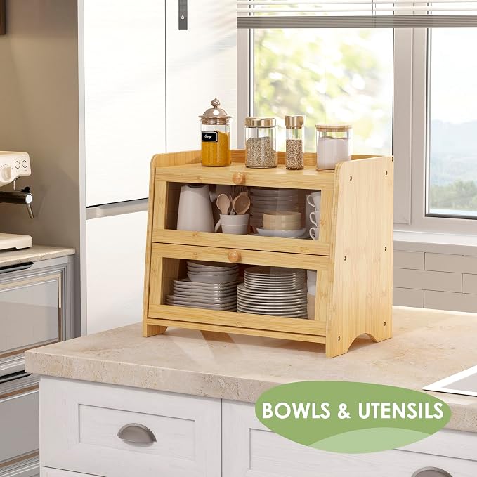 Double Layer Bread Box Container for Kitchen Countertop Homemade Bread | Large Breadbox Storage Wooden Farmhouse Bread Holder (Bamboo, Medim-15.7" L x 9.5" W x 13" H)