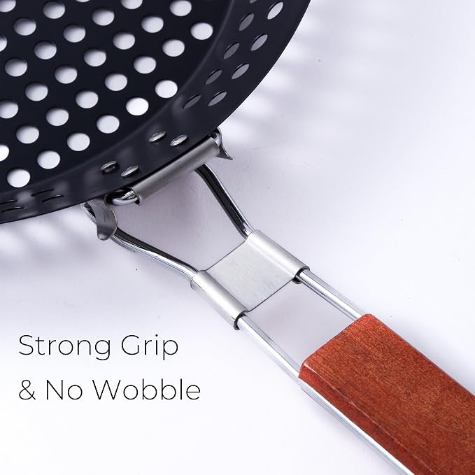 12 in Kozmatik Turkish Grill Pan, Nonstick Carbon Steel Basket | Handled Vegetable Charring Pan, For Stovetop And Grill Cooking, Black Round Basket Design
