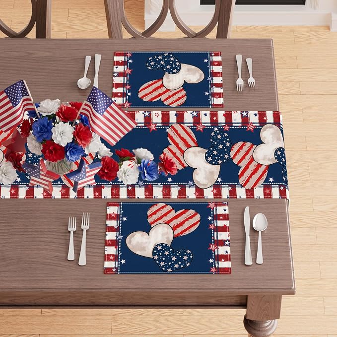 Heart Stripe Stars 4th of July Placemats Set of 4 12x18 Inch Patriotic America Memorial Day Independence Day Table Decorations Cloth Table Mats