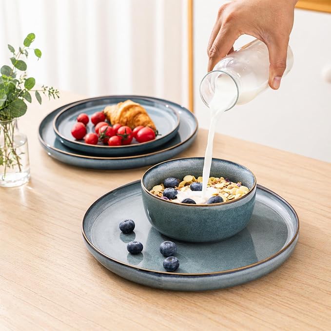 GBHOME Dinnerware Sets for 6, 18 Pieces Ceramic Plates and Bowls Set | Scratch Resistant Stoneware Dishes Set, Dishwasher & Microwave Safe, Reactive Glaze-Space Blue