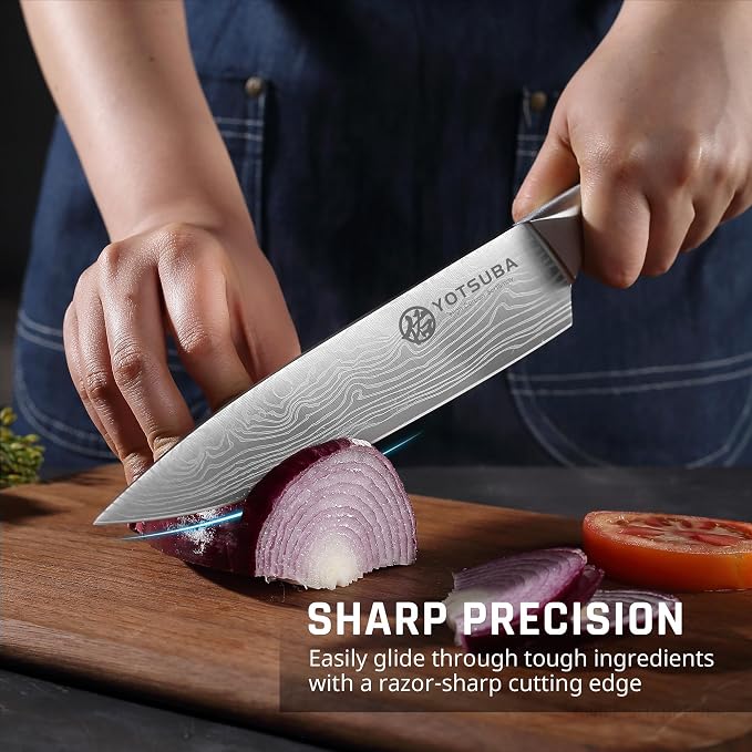 YOTSUBA 8 PCS Japanese Kitchen Knife Set with Block, Ultra Sharp Knives Set | Ergonomic Premium Natural Rosewood Handle, High Carbon Stainless Steel, Full Tang Construction, Poke-Proof Construction